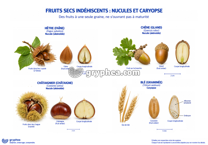 Fruits secs indéhiscents - Nucules et caryopses - planche 2 - gryphea.com